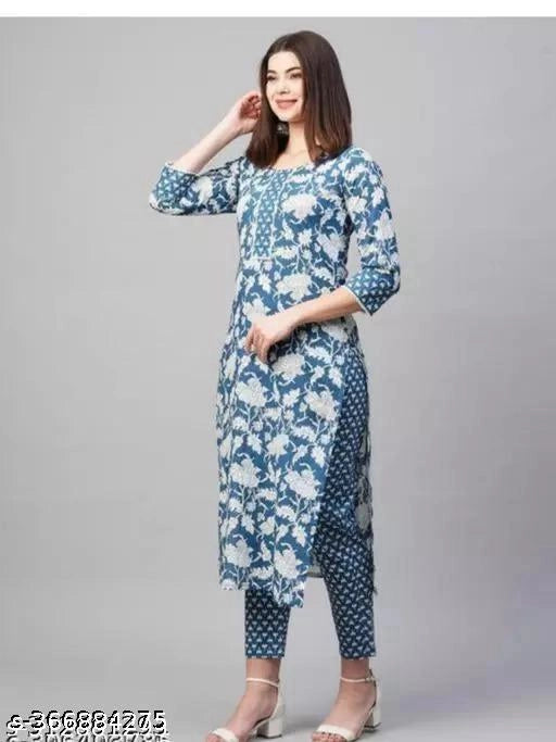 Women's Multicolor Cotton Printed Kurti with Pant Set (Size: S)