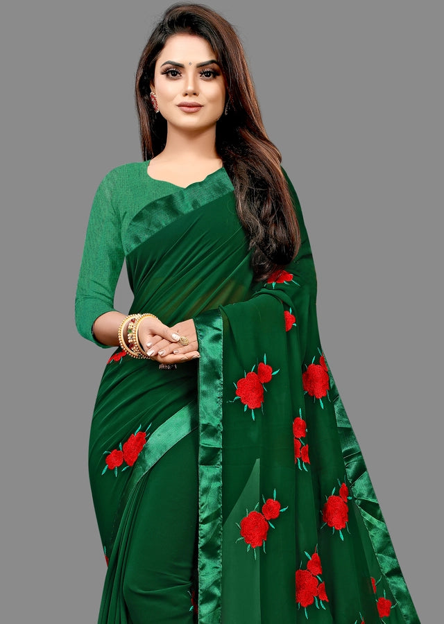 Georgette Embroidered Saree for Women Bottle Green