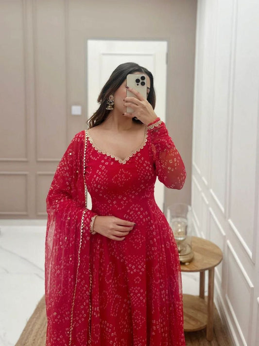 Women's Red Bandhani Styles Gown