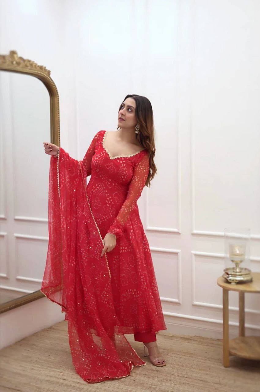Women's Red Bandhani Styles Gown