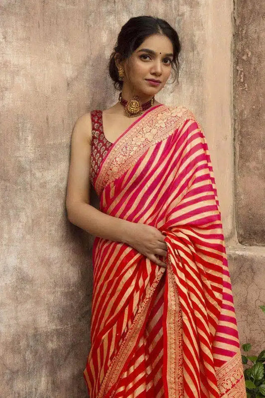 Red Jacquard Striped Saree for Women (Red, 6.3 m)
