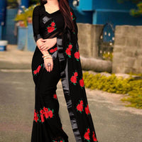 Georgette Embroidered Saree for Women Bottle Green