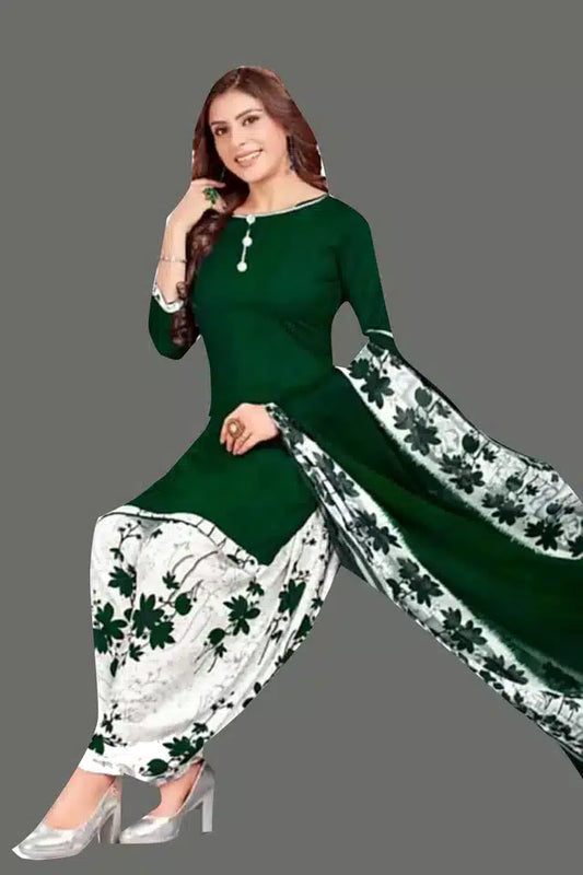 Women’s White &amp; Green Crepe Printed Unstitched Dress Material