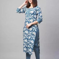 Women's Multicolor Cotton Printed Kurti with Pant Set (Size: S)