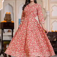 Women's Red Cotton Printed Anarkali Kurti (Size: M)