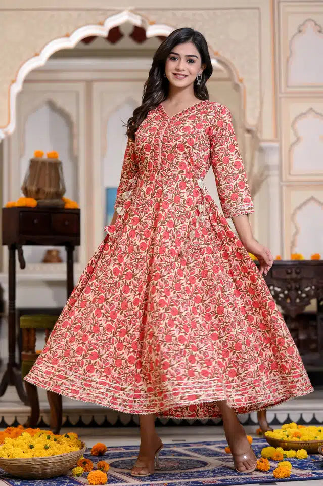 Women's Red Cotton Printed Anarkali Kurti (Size: M)