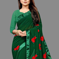 Georgette Embroidered Saree for Women Bottle Green