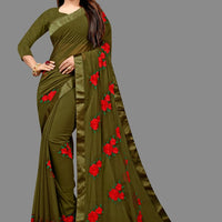 Georgette Embroidered Saree for Women Bottle Green