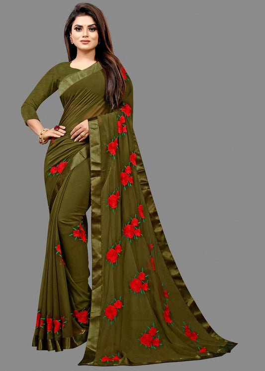 Georgette Embroidered Saree for Women Bottle Green